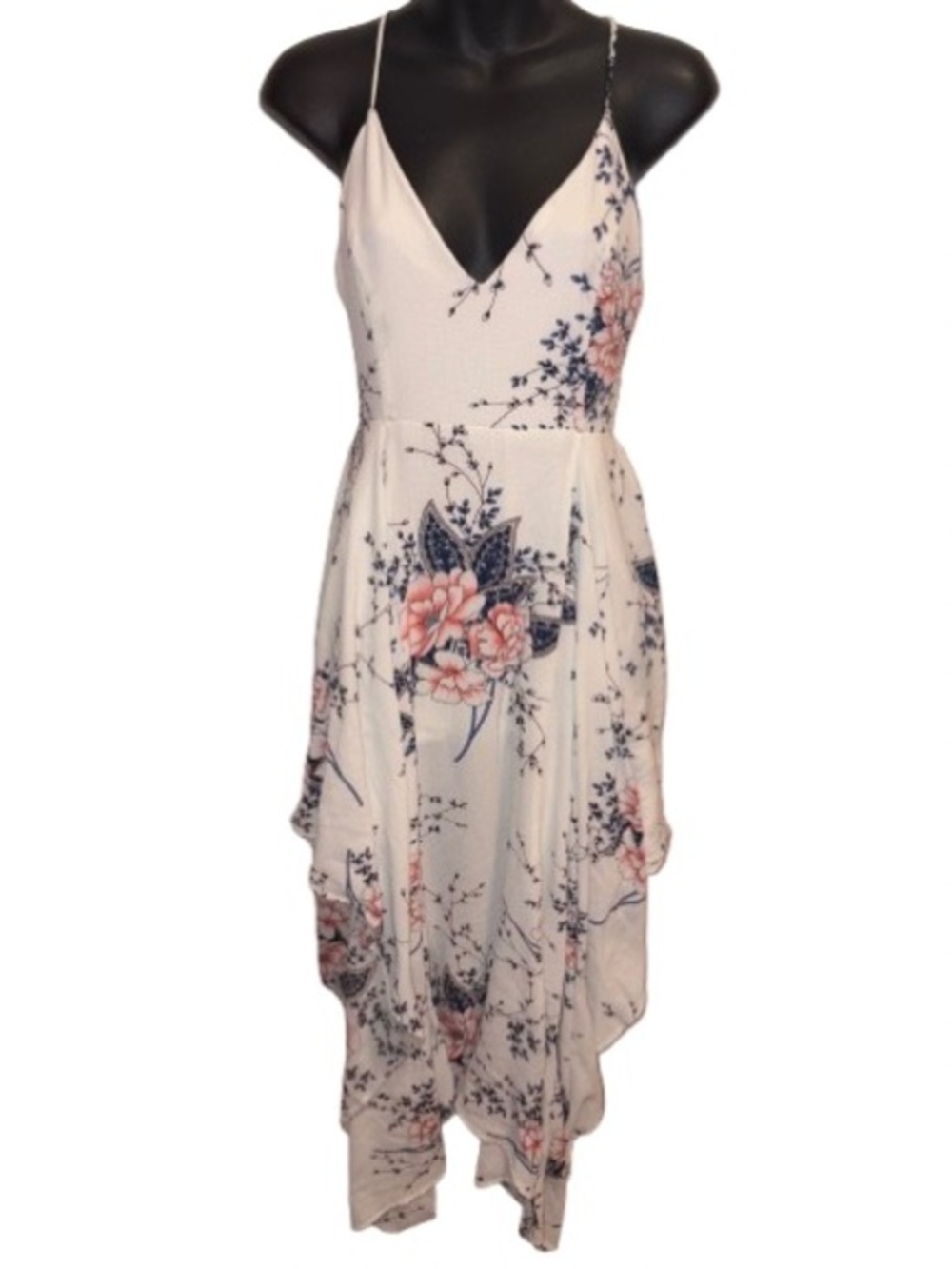 AKIRA White Floral High-Low Maxi Dress with Pink & Navy Print size L